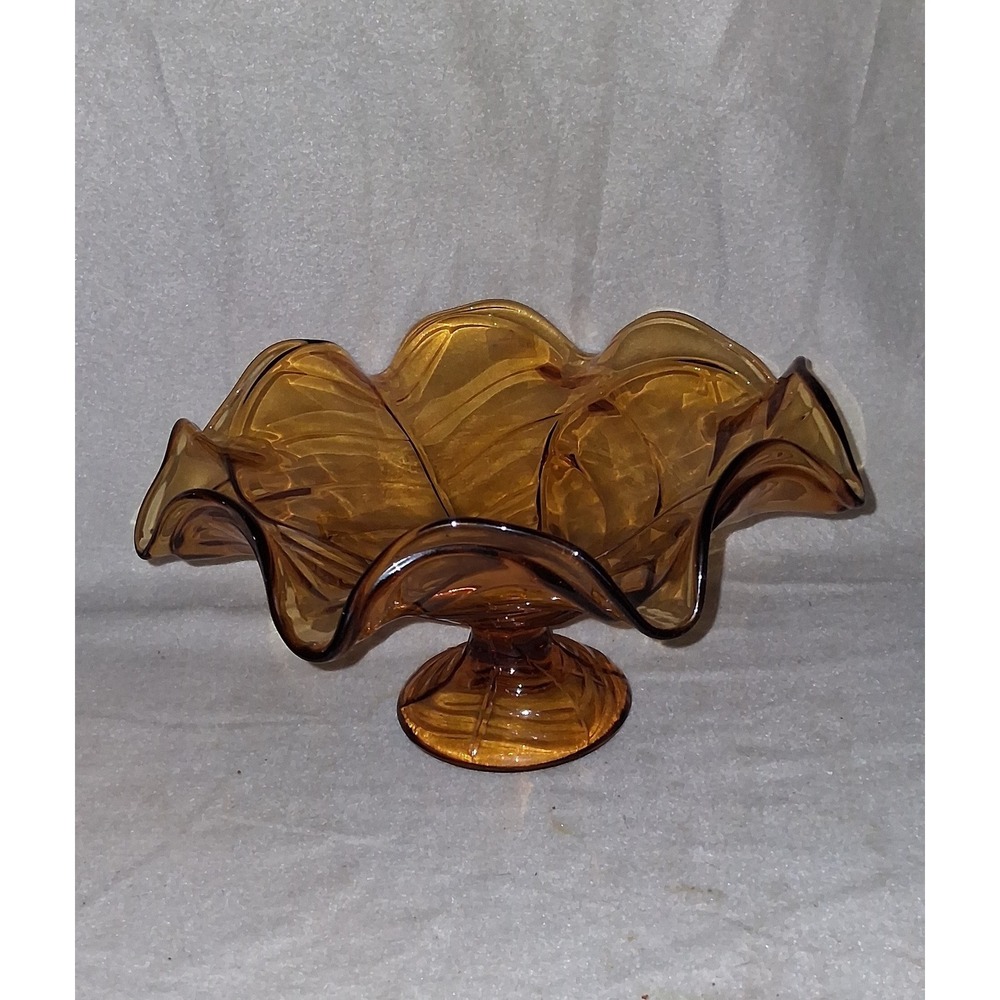 Viking Glass Amber Flower Petal Candy Dish Ruffled Pedestal Bowl Vintage MCM